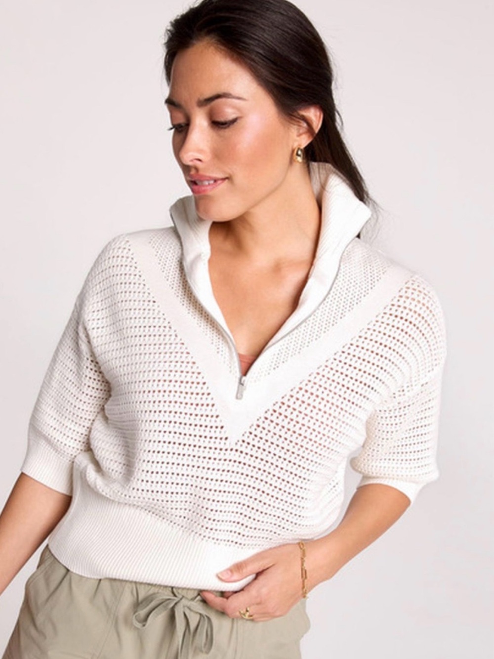 Calia Women's Cream Half-Zip Open-Knit V-Neck Sweater size X-SMALL